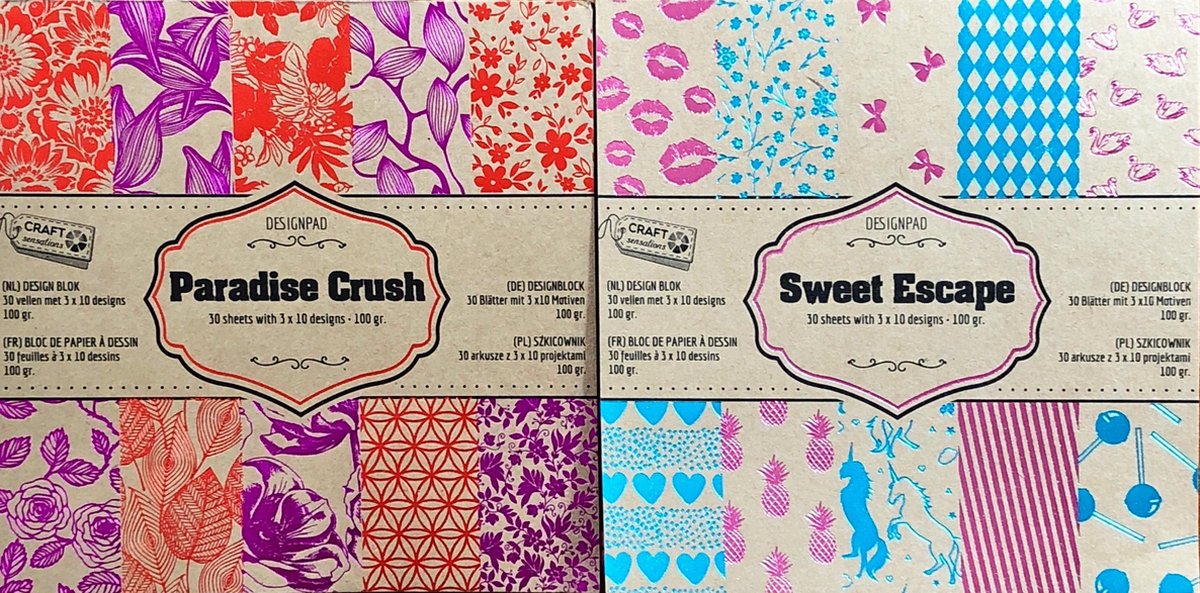 Hobbykarton met metallicfolie| Craft Sensations designpad| Paradise Crush en Sweet Escape| 100 grams papier